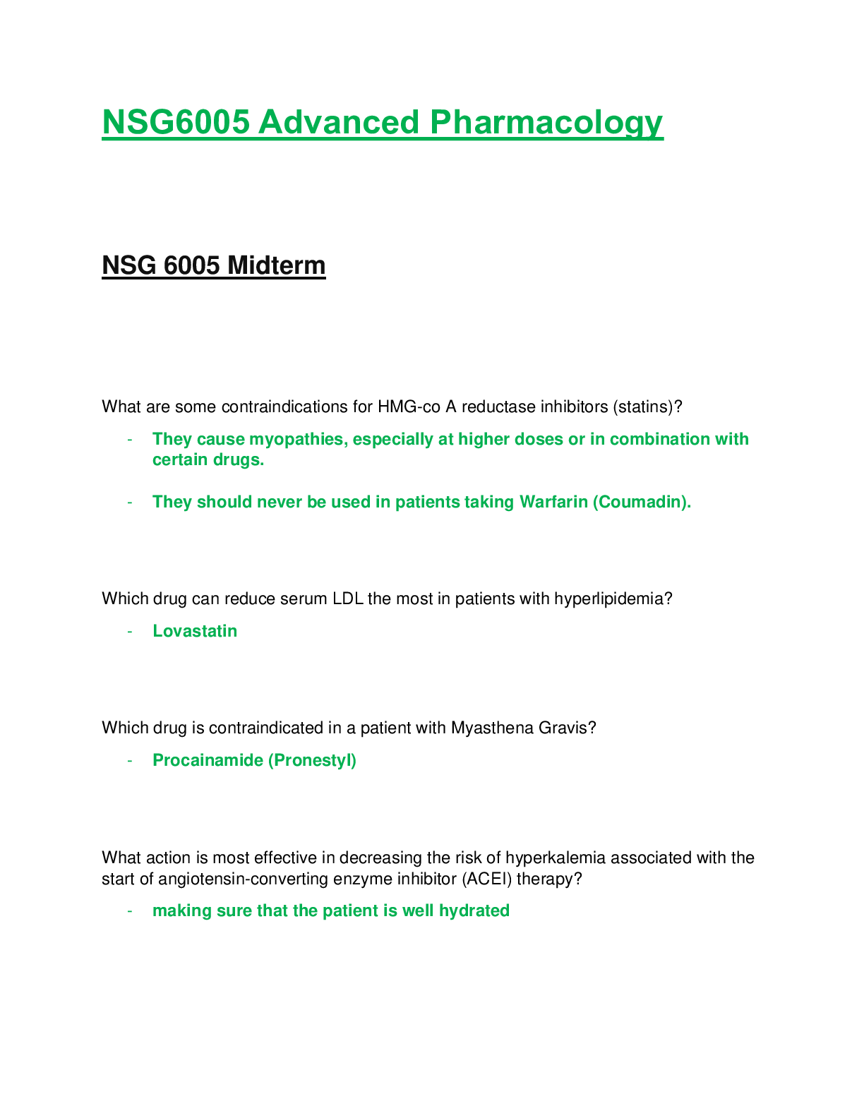 Preview of NSG6005 / NSG 6005: Advanced Pharmacology Midterm Exam Latest Update South University